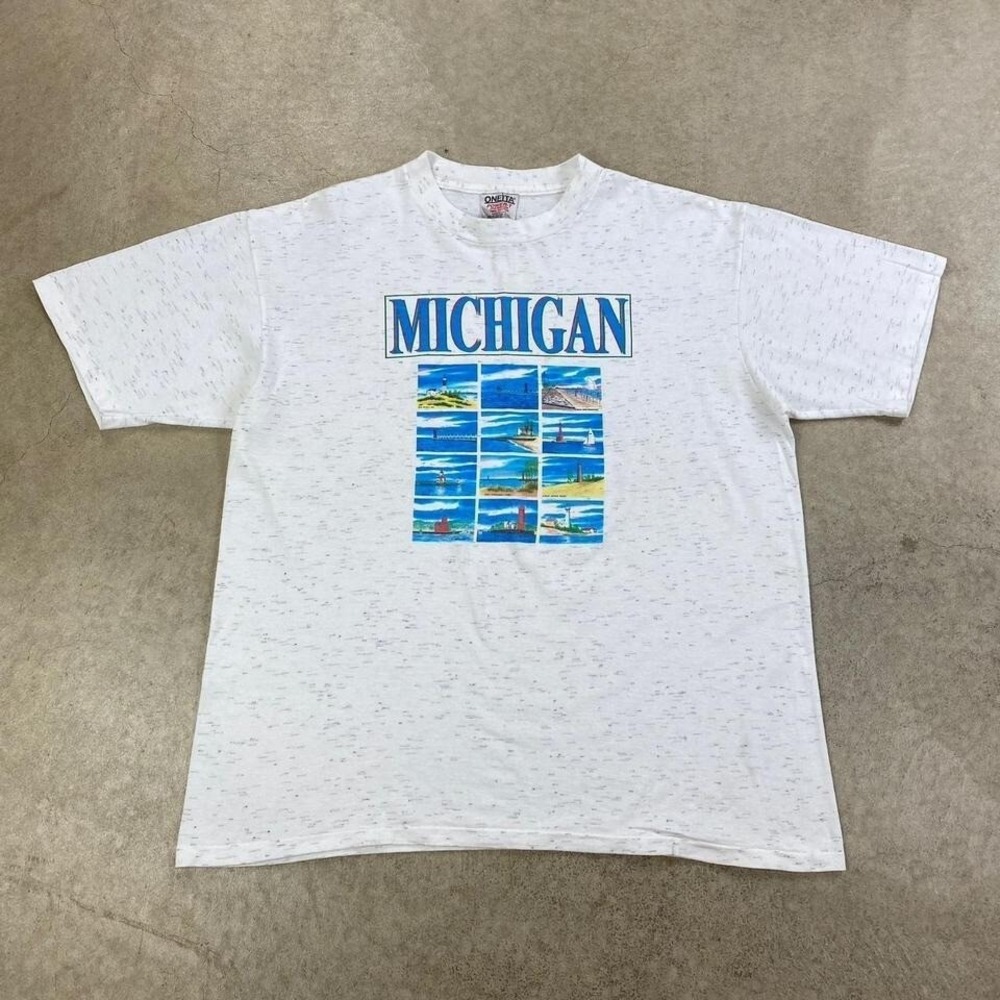 Vintage 90s Michigan Art Shirt Size Large White Marble Nature Boho